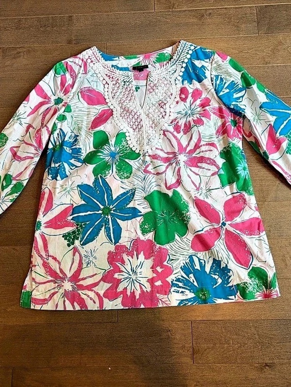 Talbots Floral Embroidered Tunic Pink Blue Size Medium